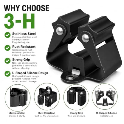 3-H Broom Holder Wall Mount 8 Pack, Stainless Steel Mop Hanger with Screws - color: Black, size: 8