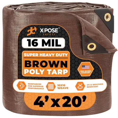4' x 20' Super Heavy Duty 16 Mil Brown Poly Tarp Cover - Thick Waterproof, UV Resistant, Rip and Tear Proof Tarpaulin with Grommets and Reinforced Edges - by Xpose Safety - color: Brown, size: 4' X 20'