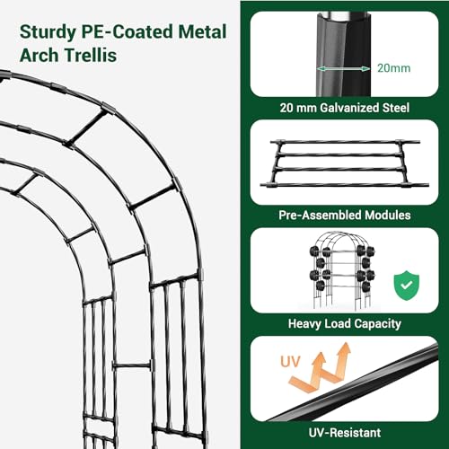 Miory Garden Arch Trellis for Climbing Plants Outdoor, 3.9x7.9ft Steel with PE Coating, Garden Archway for Vegetable, Vines, Wedding Arbor (Black) - size: 3.9x7.9 ft