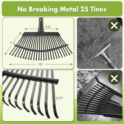 Rake for Leaves, Heavy Duty Leaf Rakes for Lawns & Yard - 79” Adjustable Long Handle 18” Width 25 Metal Tines - Gardening Rake for Adults Kids for Shrub,Grass,Mulch - style: 25 Tines 6FT