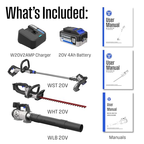 Westinghouse 20V Cordless Leaf Blower, 350 CFM, 110 MPH + 22" Cordless Hedge Trimmer, Dual-Action Steel Blades + 2-in-1 Cordless String Trimmer & Edger, 12" Cutting Path with 4.0Ah Battery & Charger - style: Leaf Blower/Hedge Trimmer/String Trimmer Kit