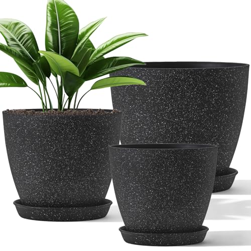 10/9/8 Inch 3 Pack Speckled White Plant Pots with Drainage Holes and Saucers, Indoor Outdoor Decor Planters for Succulents, Herbs and Houseplants - color: Speckled Black