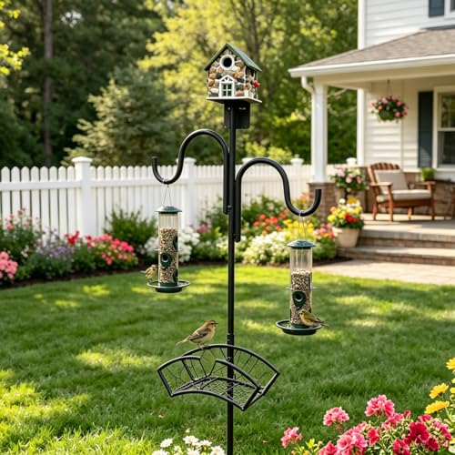 Upgraded Garden Hose Holder, Freestanding Water Hose Holder, Double Shepherds Hooks for Outdoor, Adjustable Hose Stand with 5 Spikes Heavy Duty Metal Bird Feeder Pole for Outside Yard Lawn