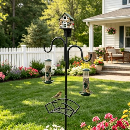 Upgraded Garden Hose Holder, Freestanding Water Hose Holder, Double Shepherds Hooks for Outdoor, Adjustable Hose Stand with 5 Spikes Heavy Duty Metal Bird Feeder Pole for Outside Yard Lawn