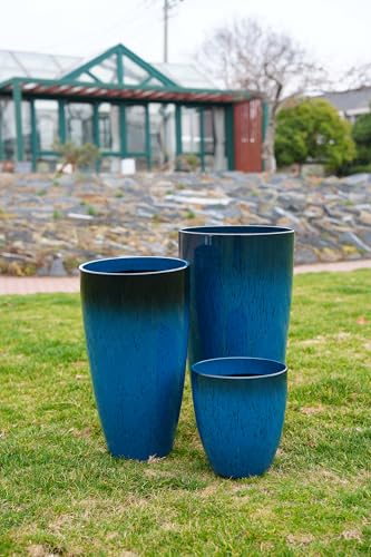 24,21,11 Inch Large Plastic Planters with Drainage Hole and Saucer - Set of 3 Tall Plant Pots Indoor Flower Pot Tall Round Planters Outdoor Large Tall Planter - color: Blue
