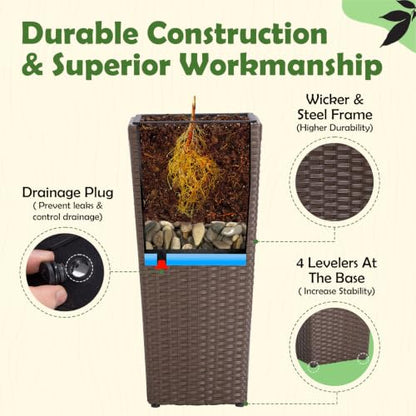 IDZO Wicker Planters, 24-Inch Tall Square Rattan Flower Pots, Mocha, 2PCS - color: Mocha Square, style: No Assembly Required