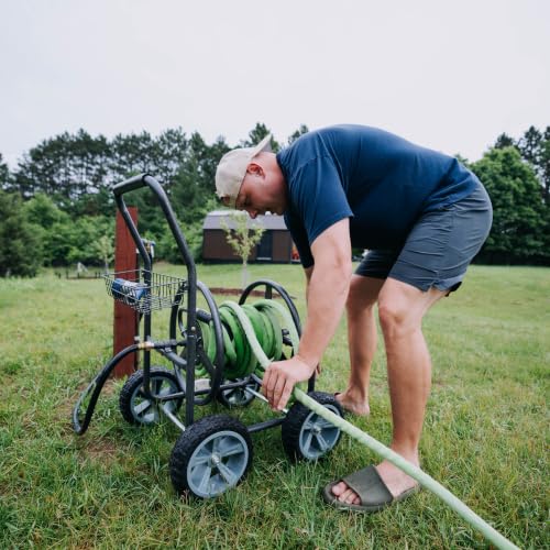 Backyard Expressions 4‑Wheel Garden Hose Reel Cart with Storage Basket, Hand‑Crank Rewind, Rust‑Resistant Hammertone Gray Finish, Brass Connectors - style: 2026 4 Wheel
