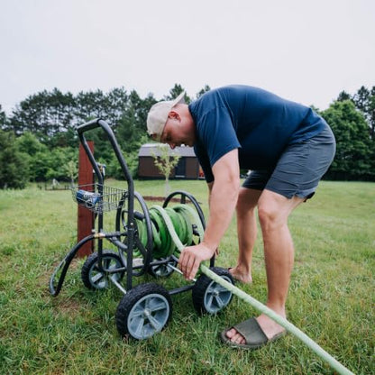 Backyard Expressions 4‑Wheel Garden Hose Reel Cart with Storage Basket, Hand‑Crank Rewind, Rust‑Resistant Hammertone Gray Finish, Brass Connectors - style: 2026 4 Wheel
