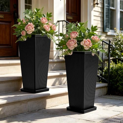 24" Tapered Tall Planters for Outdoor Plants with Tray&Shelf, Black - color: Black2-smooth