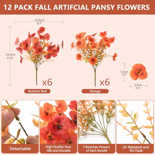 INQCMY Artificial Pansy Fall Flowers for Outdoors Decoration Faux Mums - color: Orange Autumn Red