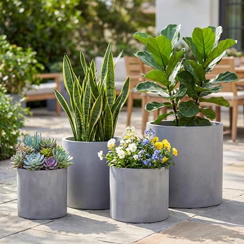 FaithLand 12 Inch Fiberstone Planter - Lightweight Modern Cylinder Plant Pot with Drainage Hole & Plug, Authentic Concrete Look, Gray - color: Gray, size: 12 Inch