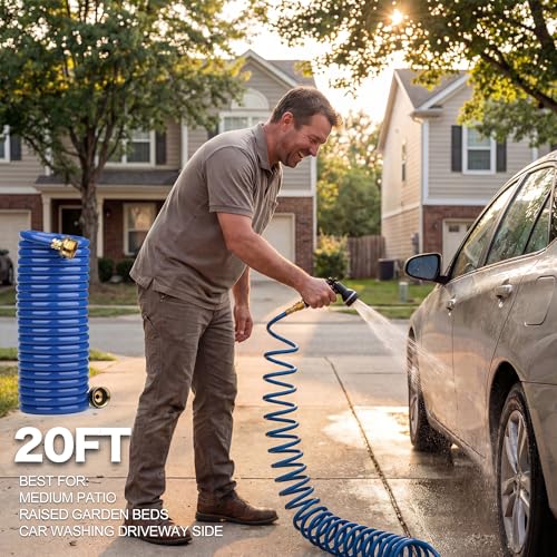 20FT Blue EVA Coil Garden Hose with Metal Fittings - color: Blue, size: 20 Feet