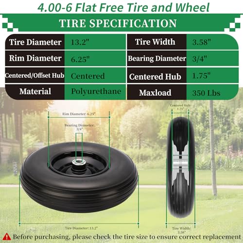 RRQ 4.00-6 Flat Free Tire and Wheel, 13" Solid Wheelbarrow Tires, 1 Pack