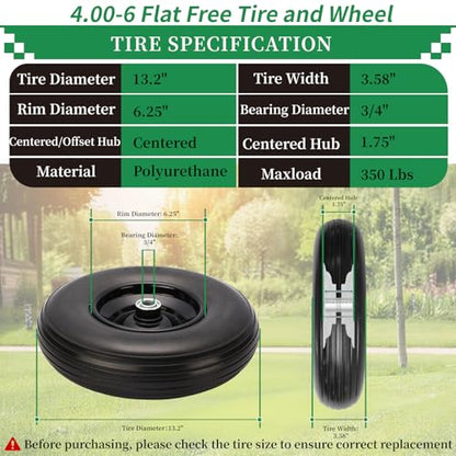 RRQ 4.00-6 Flat Free Tire and Wheel, 13" Solid Wheelbarrow Tires, 1 Pack