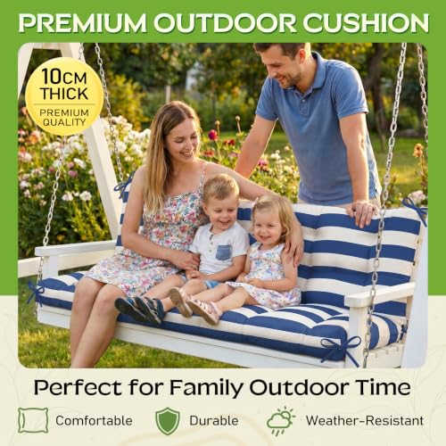 Oxford Fabric Swing Cushions with Backrest & Tie Straps for Patio Bench - color: Navy-white Stripe