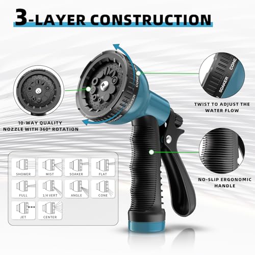 Heavy Duty Garden Hose 50FT, Durable Hose With 10-Pattern Spray Nozzle - color: Blue, size: 50FT