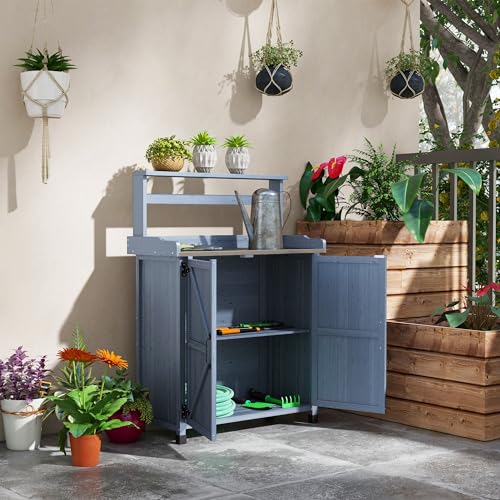 Potting Bench, Outdoor Wooden Potting Table with Storage Cabinet with 2 Shelves, Garden Work Bench with Galvanized Plated Tabletop for Backyard, Balcony, Gray