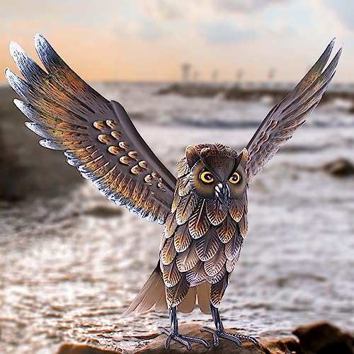 Natelf Garden Owl Sculptures & Statues, Standing Metal Bird Yard Art Sculpture for Patio Backyard Pond Outdoor Decorations - color: Brown