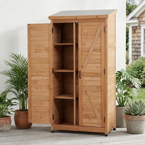Outdoor Storage Shed Tool Cabinet, Tall Wooden Garden Shed with Metal Roof for Backyard Patio Lawn Tools