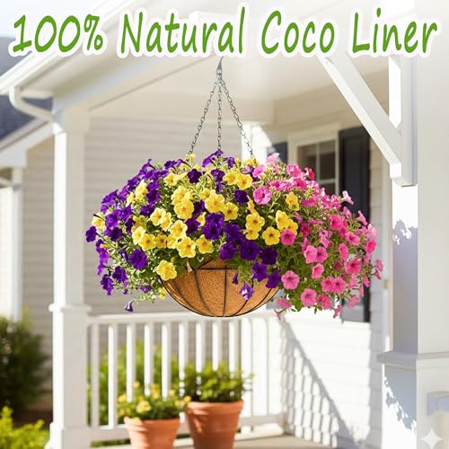 12 Inch Plant Hanging Baskets 4 Pack Round Metal Hanging Planter with Coco Coir Liner Chain for Plants Outdoor Plant Basket Porch Indoor Garden Decoration Flower Pots - color: Geometric