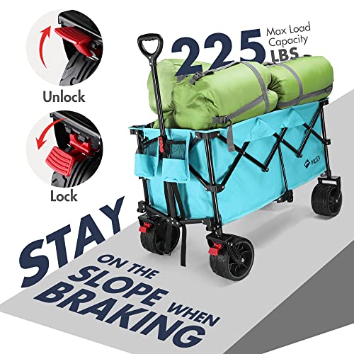 VILLEY Collapsible Folding Wagon with Big Wheels, All Terrain Beach Wagon Cart Heavy Duty Foldable, Enlarged 225lbs Capacity, Portable Utility Garden Cart with 2 Cup Holders and Brake, Blue - color: Blue