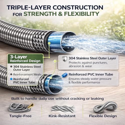 Short Metal Garden Hose 15 ft – 304 Stainless Steel Water Hose with 3/4’’ Brass Fitting, Garden Hoses Flexible, Lightweight, No Kink, Heavy Duty for Outdoor (15 ft) - size: 15 feet