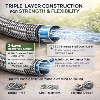 Short Metal Garden Hose 15 ft – 304 Stainless Steel Water Hose with 3/4’’ Brass Fitting, Garden Hoses Flexible, Lightweight, No Kink, Heavy Duty for Outdoor (15 ft) - size: 15 feet