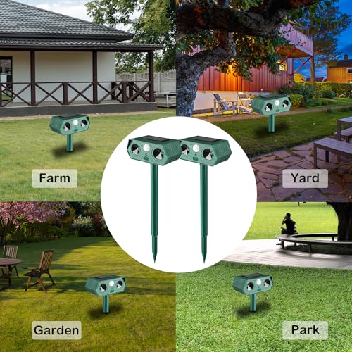 Solar Ultrasonic Animal Repellent 2 Pack, Outdoor Waterproof Deer Repellent Devices with Motion Sensor & Flash Light,Snake Squirrel Raccoon Skunk Rabbit Mole Deterrent for Yard & Garden