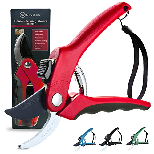 Nevlers 8" Red Bypass Pruning Shears for Gardening w/ 8mm Cut Capacity - color: Red, size: Bypass