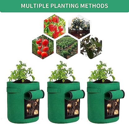 5-Pack 10 Gallon Grow Bags with Harvest Window - Thickened Fabric Plant Pots for Vegetables, Potato, Tomatoes & Carrots | Indoor/Outdoor Gardening Containers with Reinforced Handles Green - size: 10GAL-GRN