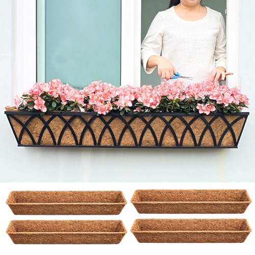 LaLaGreen 48" (4 Pack, Rectangular) Coco Liners for Window Box Planter–Extra Large Trough Coir Husk Fibre Replacement for Hanging Basket, Flower Pot, Garden Outdoor Use–Multiple Sizes & Shapes - size: 48'' x 4 pack