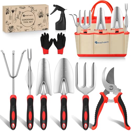 Yesker Gardening Tools 9-Piece Heavy Duty Garden Tool Set Gardening Supplies Gifts for Women Men Gardening Hand Tool Kit with Non-Slip Ergonomic Handle, Garden Bag, Durable Gloves, Pruning Shears, Red - size: 9PCS Black Red