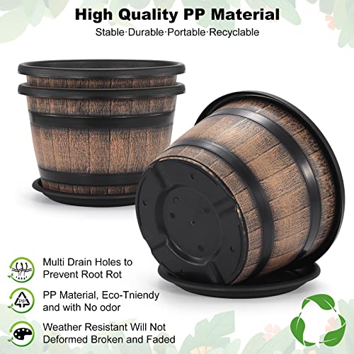 Quarut Large Plastic 3 Pack16 inch Plant Pots,Whiskey Barrel Planters with Drainage Holes & Saucer.Flower Pots Imitation Wine Barrel Design for Indoor & Outdoor Garden Balcony Plants.7 Gallons(Brown) - size: 16 inches