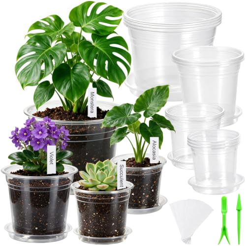 5/6/7/10 Inch Clear Nursery Pots with Drainage Holes and Saucers, 12 Pack Large Plastic Plant Pots for Seedlings, Succulents, Herbs, Flowers & Vegetables, Repotting and Growing