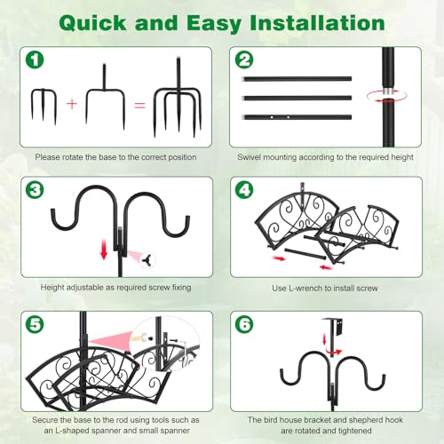 Upgraded Garden Hose Holder, Freestanding Water Hose Holder, Double Shepherds Hooks for Outdoor, Adjustable Hose Stand with 5 Spikes Heavy Duty Metal Bird Feeder Pole for Outside Yard Lawn