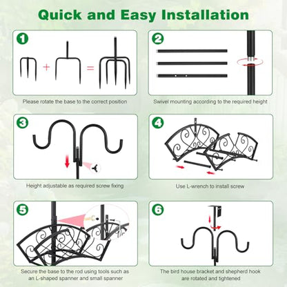 Upgraded Garden Hose Holder, Freestanding Water Hose Holder, Double Shepherds Hooks for Outdoor, Adjustable Hose Stand with 5 Spikes Heavy Duty Metal Bird Feeder Pole for Outside Yard Lawn