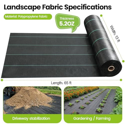 13x65ft Driveway Fabric, 5.2OZ Landscape Fabric for Weed Barrier & Gravel - size: 13x65 ft-5.2OZ