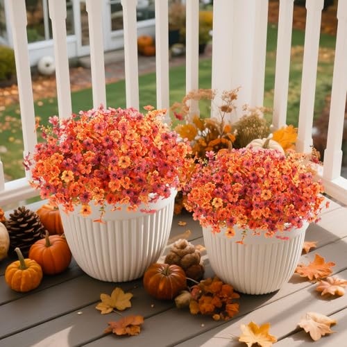 Hommyea Fall Artificial Fake Mums Flowers Plant for Outdoor Faux Home Decor - color: Orange+autumn+red