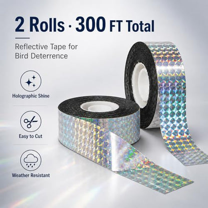 RAINFLOW Bird Scare Tape - 2 Rolls 300FT Reflective Ribbon for Garden