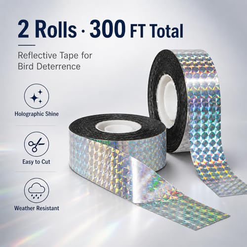 RAINFLOW Bird Scare Tape - 2 Rolls 300FT Reflective Ribbon for Garden