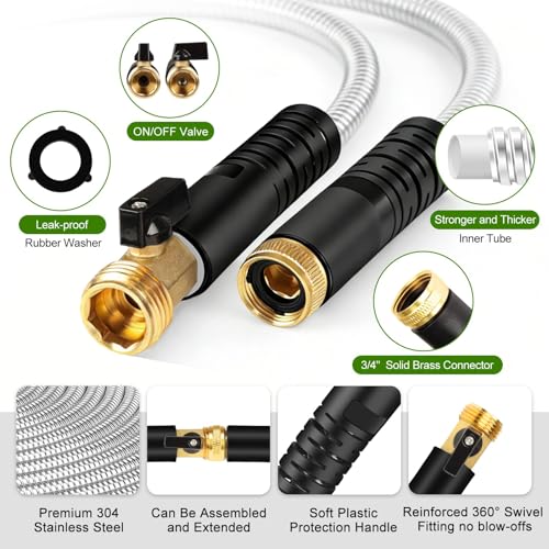 Metal Garden Hose 100 ft Stainless Steel Heavy Duty Water Hose with 10 Function Nozzles Flexible Lightweight Kink-Free Leakproof Sturdy Hoses Pipe 3/4" Brass Fitting for Outdoor Yard Lawn RV - size: 100FT