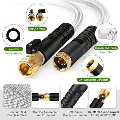 Metal Garden Hose 100 ft Stainless Steel Heavy Duty Water Hose with 10 Function Nozzles Flexible Lightweight Kink-Free Leakproof Sturdy Hoses Pipe 3/4" Brass Fitting for Outdoor Yard Lawn RV - size: 100FT