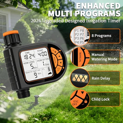 Sprinkler Timer for Garden Hose - Programmable Irrigation Timer with Rain Delay, Manual Watering, Child Lock, Outdoor Garden Automatic Irrigation Drip Watering System for Yard Lawn Pool Garden
