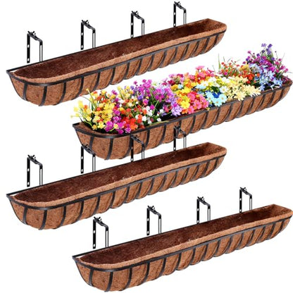 Tessco for you 4 Pack 48 Inch Window Baskets with Coconut Liner 4 Adjustable Flower Brackets Window Deck Planters Boxes Railing Planter Metal Hanging Flower Planter for Indoor Outdoor Lawn - size: 48 Inch
