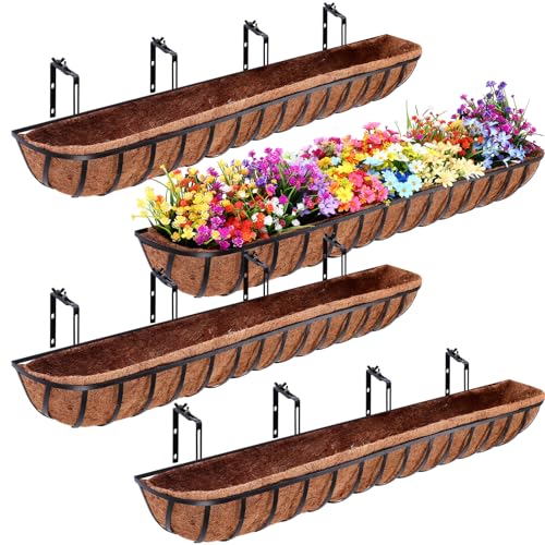 Tessco for you 4 Pack 48 Inch Window Baskets with Coconut Liner 4 Adjustable Flower Brackets Window Deck Planters Boxes Railing Planter Metal Hanging Flower Planter for Indoor Outdoor Lawn - size: 48 Inch