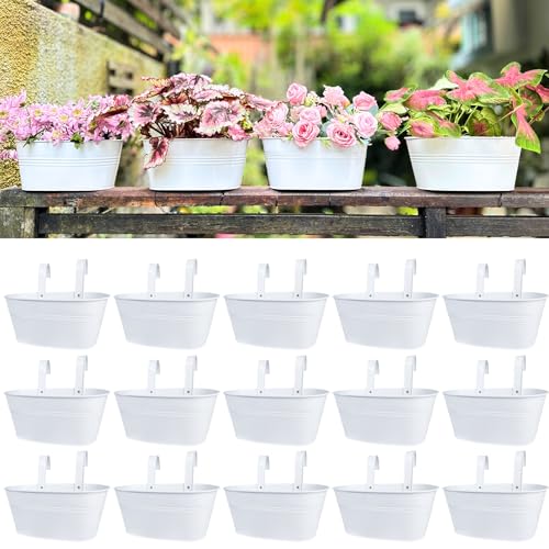 LaLaGreen Rail Planter (11.8 in, 15 Pack) White Metal Porch Fence Pots - size: 11.8" (30 cm) x 15 Pack