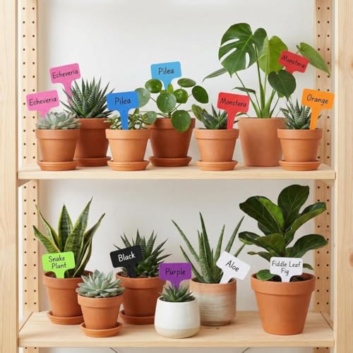 Plant Tags，Plant Labels,12Pcs Multicolor Waterproof Plastic Plant Tags T-Type Nursery Garden Labels 3.9 x2.4 in,6 Colors