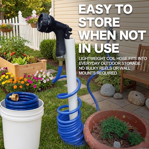 10FT EVA Coiled Water Hose, 1/2 in Blue Hose, Brass Connectors - size: 10FT