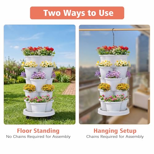 VECELO 5 Tier Vertical Garden Planter, Self Watering Stackable Planters with Wheels for Strawberries, Herbs, Flowers, Vegetables, White - color: White, size: 5 Tier