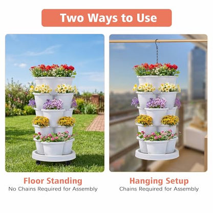 VECELO 5 Tier Vertical Garden Planter, Self Watering Stackable Planters with Wheels for Strawberries, Herbs, Flowers, Vegetables, White - color: White, size: 5 Tier
